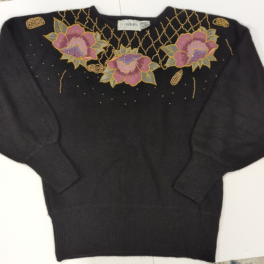 Vintage Cedars Black Silk Blend Sweater with Beading & Floral Design - Women's L